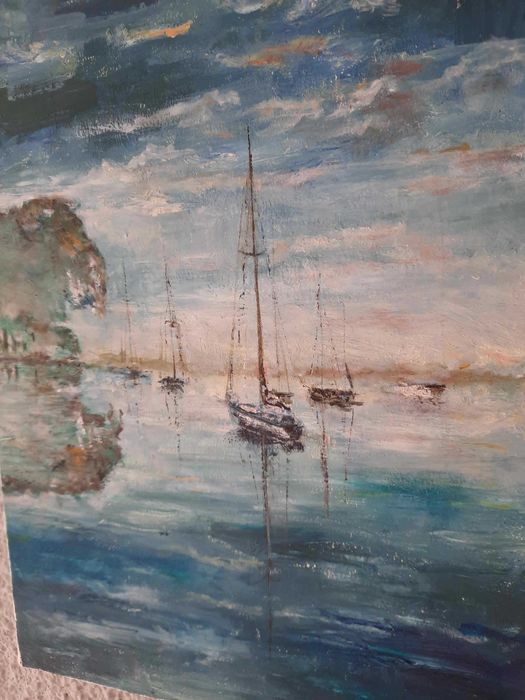 Łodzie Żaglówki Obraz Olejny na Płótnie Sygnatura