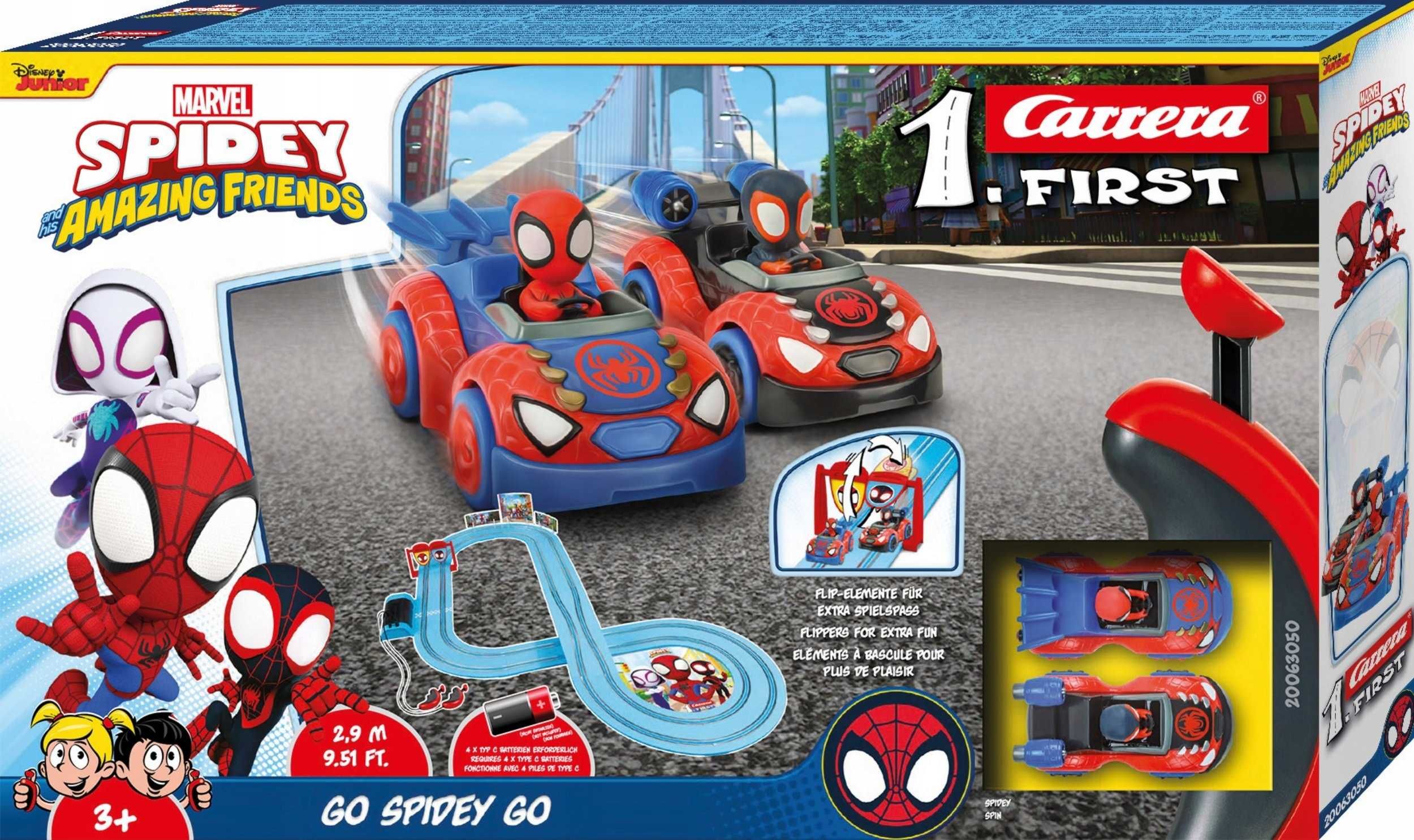 CARRERA 1 First TOR WYŚCIGOWY Spidey Go Webs Go 2,9 m 2 samochodziki