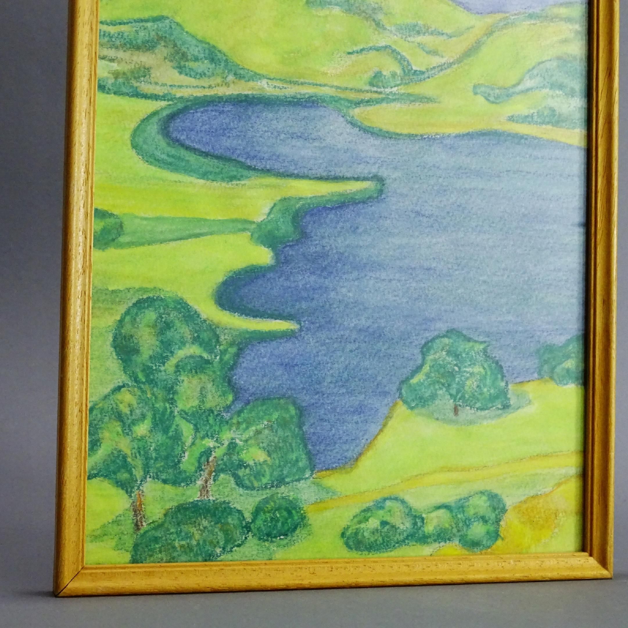 stary obrazek pastel pejzaż w drewnianej ramie ze szklem