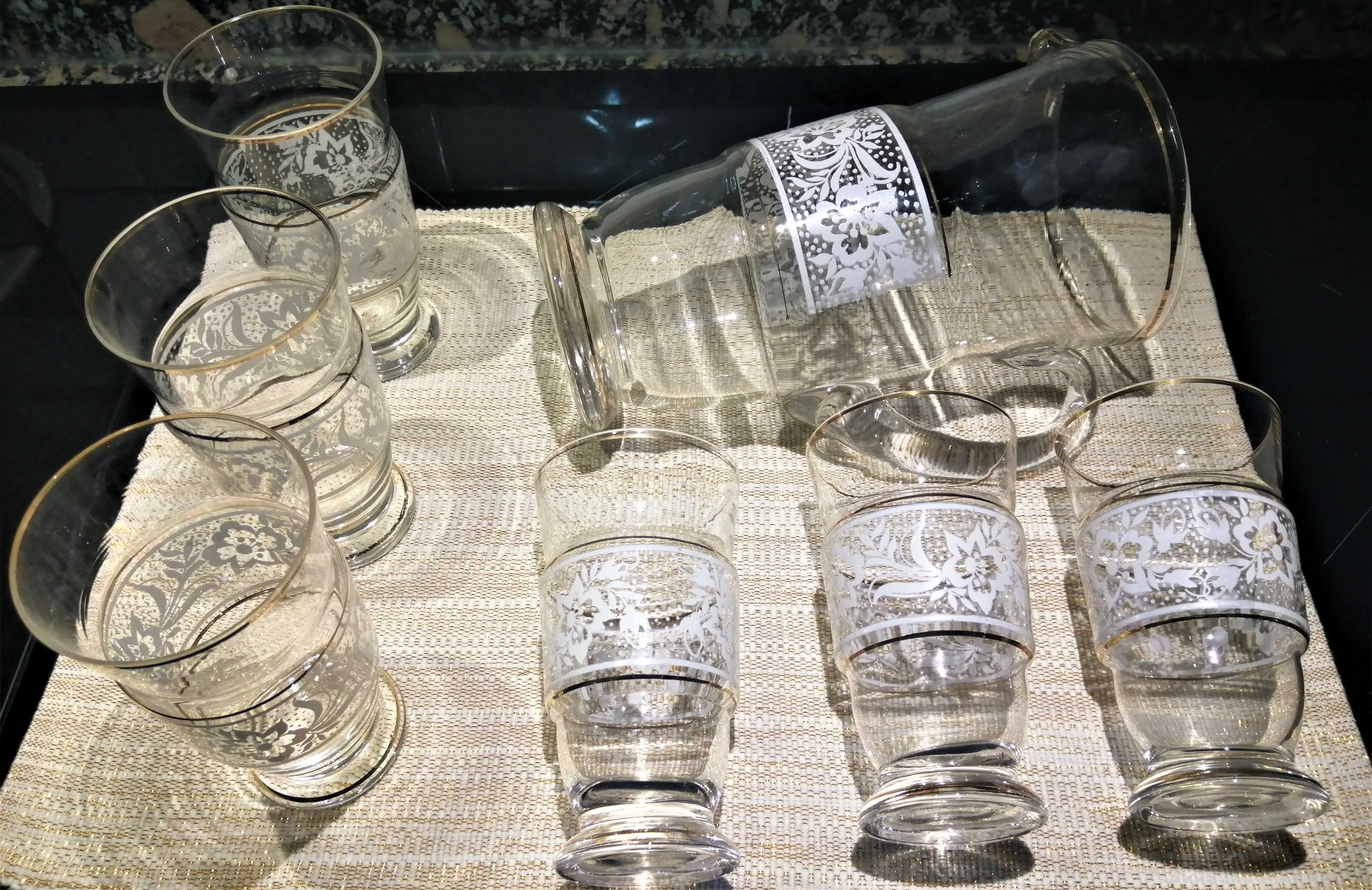Serviço de refresco caneca + 6 copos de vidro pintado 1950
