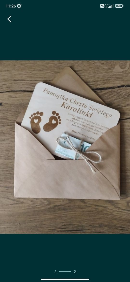 Kartka drewniana Chrzest Święty pamiątka Chrztu Świętego na pieniądze