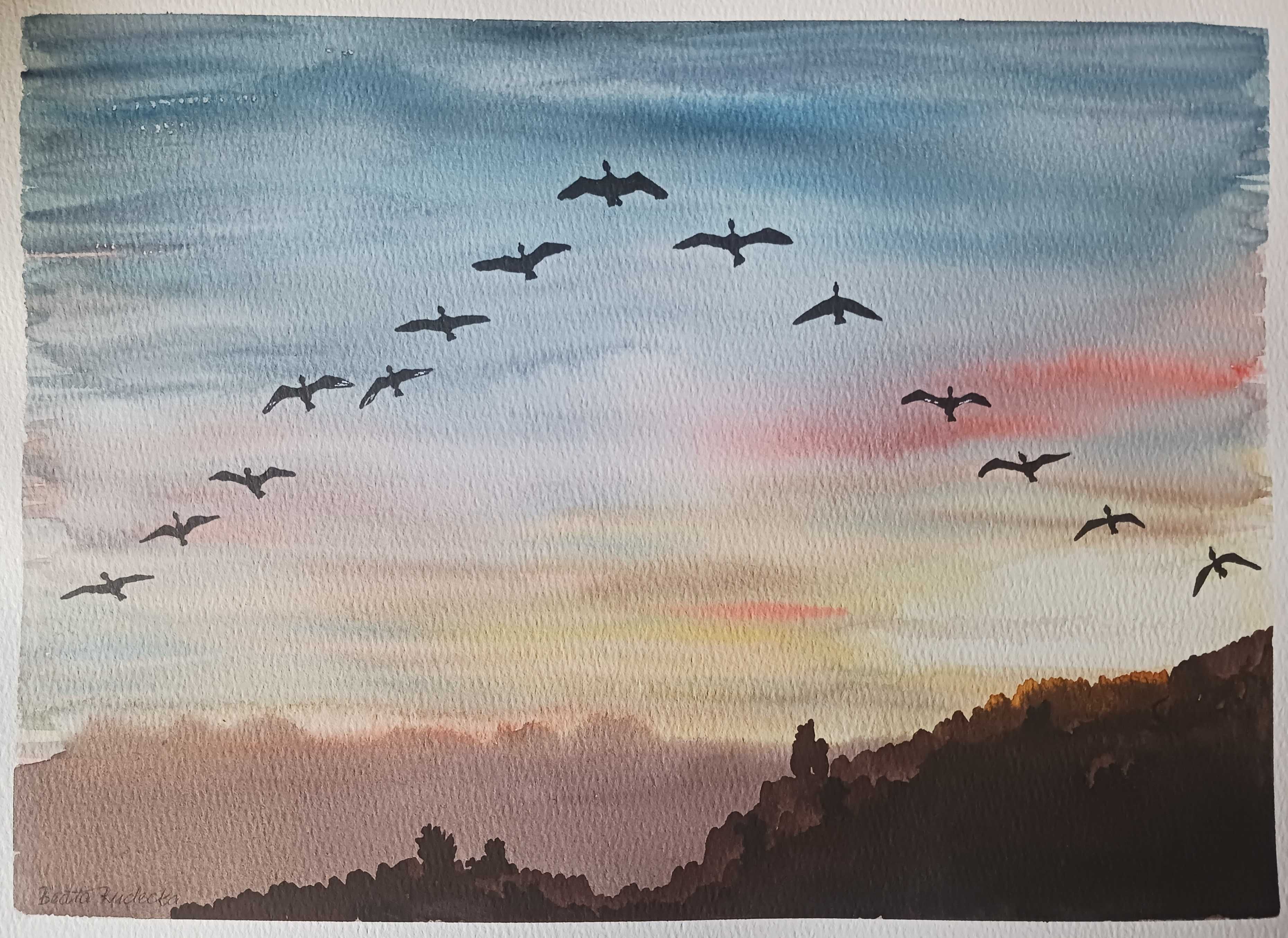 Akwarela Akwarelka Obraz pt. Klucz Gęsi 31 x 23 cm