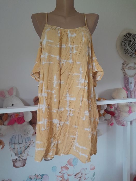 Morelowa bluzka wzorzysta odkryte ramiona krótki rękaw koszulka M L