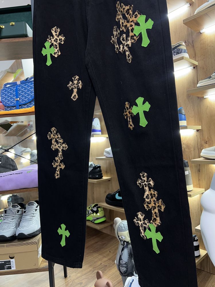 Джинси CHROME HEARTS Chest Black Logo Green / Leopard