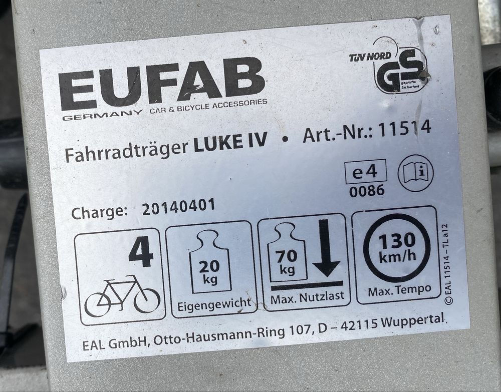 Eufab bagażnik rowerowy na hak dla 4 rowerów elektryków