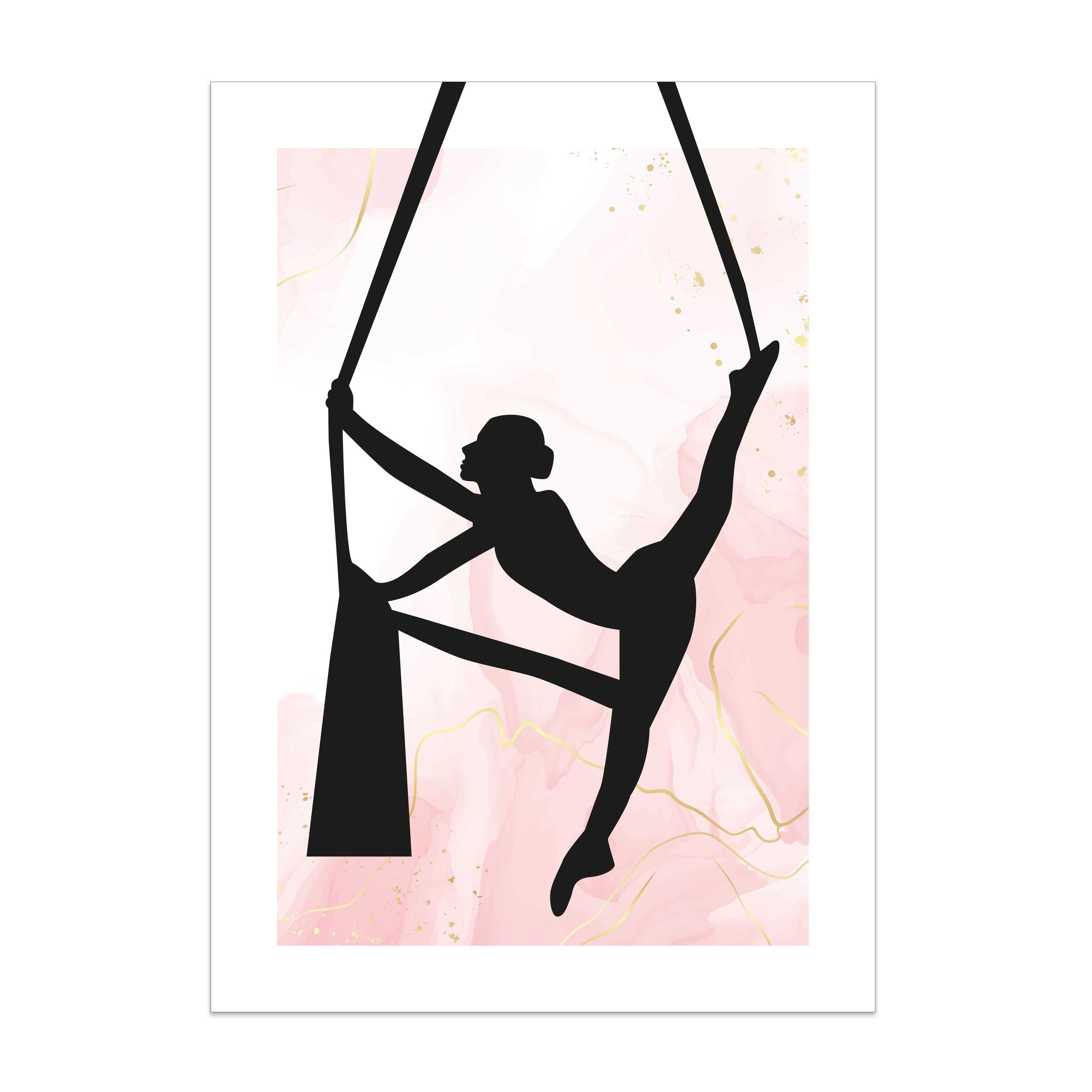 Plakat 40x50 cm aerial silks joga chusty szarfy sylwetka czarno różowy