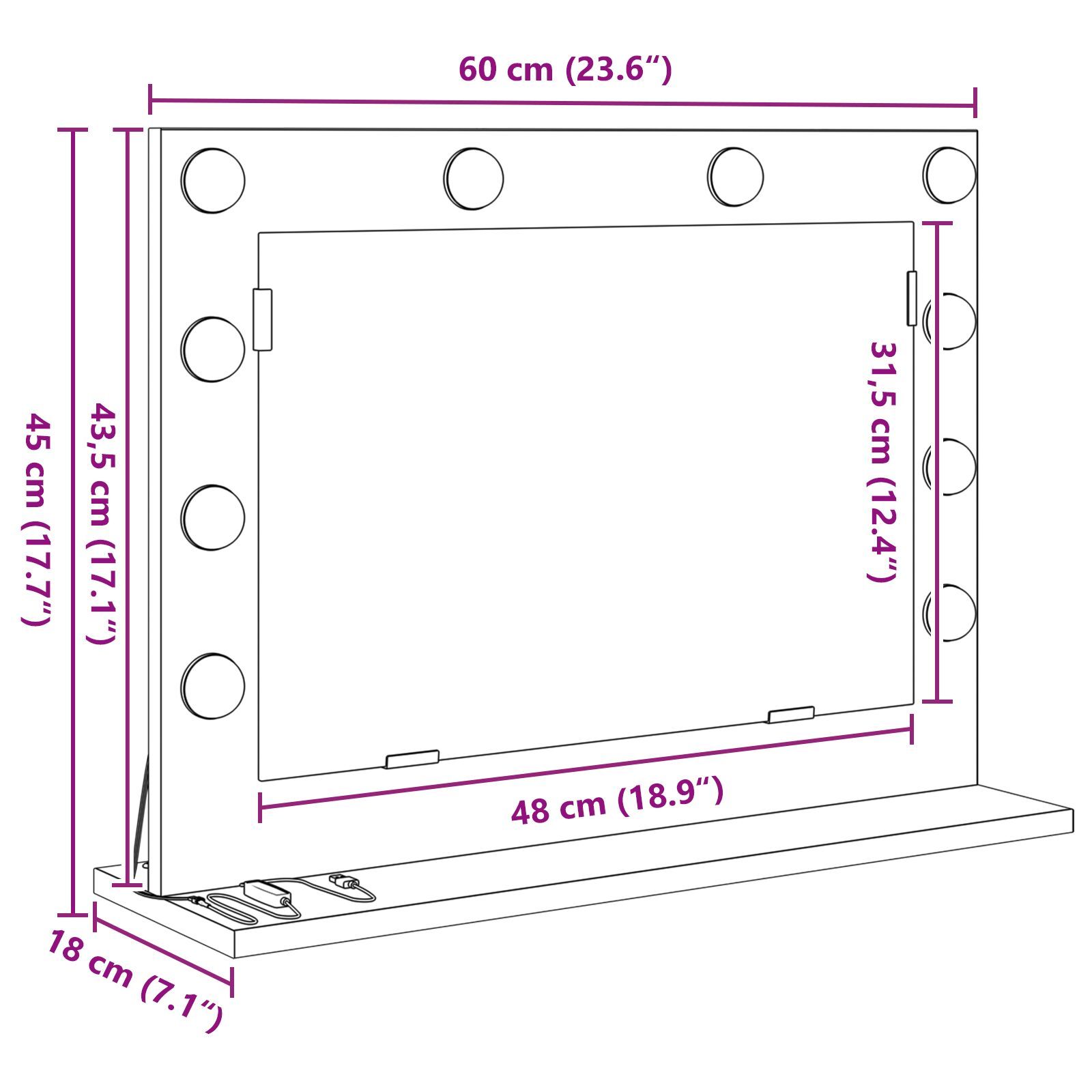 Vidaxl Lustro Toaletowe  Z Lampkami Led Białe 60X45X18 Cm