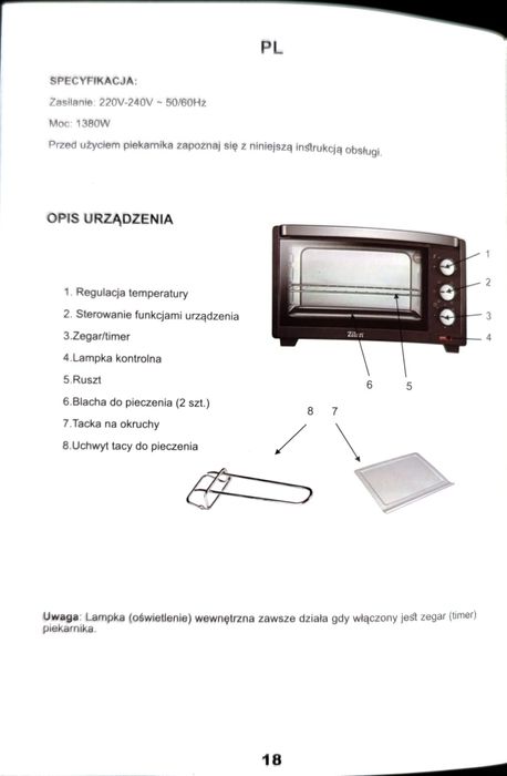 Mini piekarnik Zilan ZLN0980 19 l czarny, stan bardzo dobry