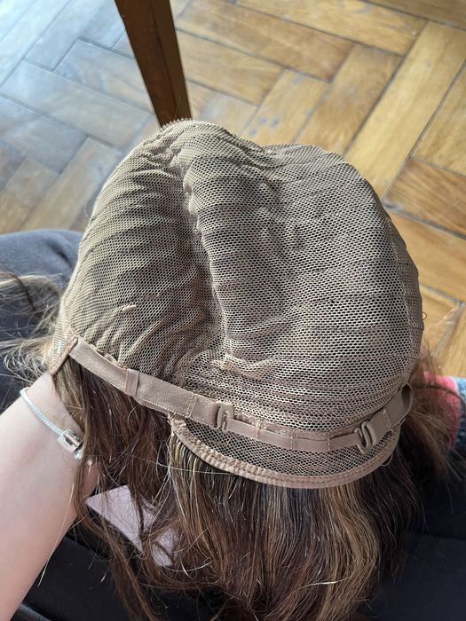 Peruka włosy naturalne z grzywka długa brązowa