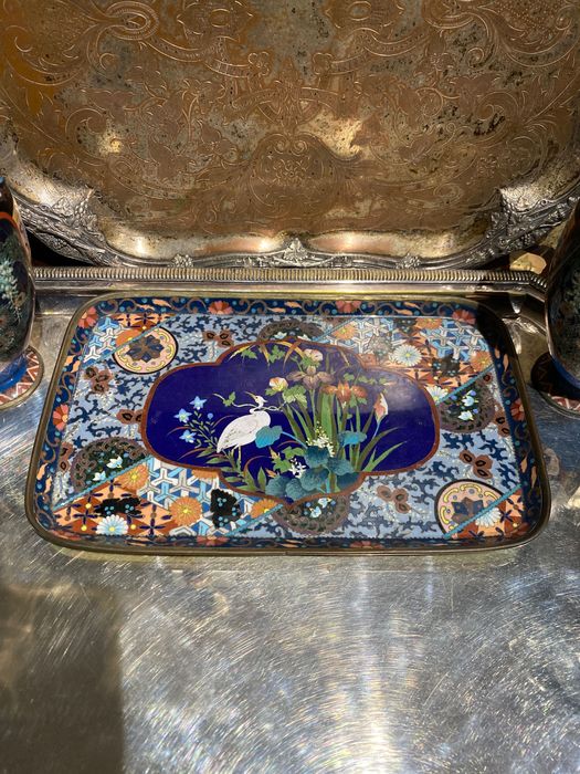Tabuleiro esmalte Cloisonné Japão séc XIX 27,6 cm