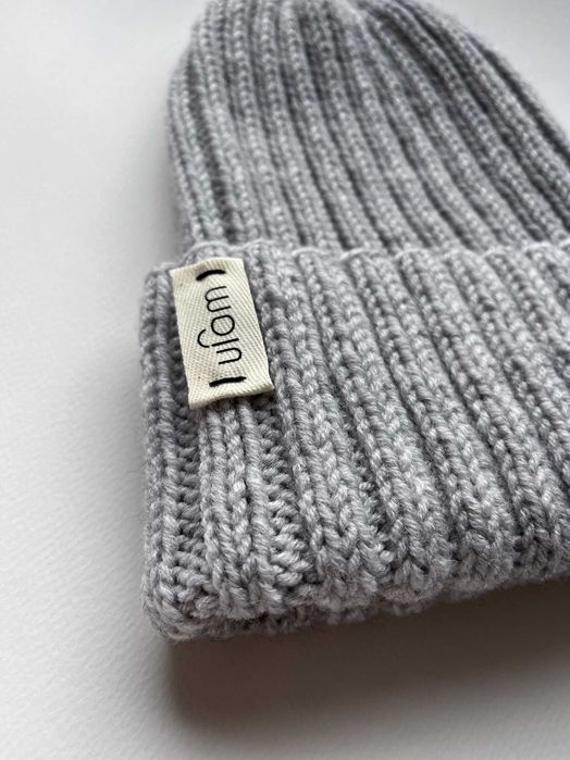 Czapka wełniana na drutach handmade by ufam rękodzieło popiel (nowa)
