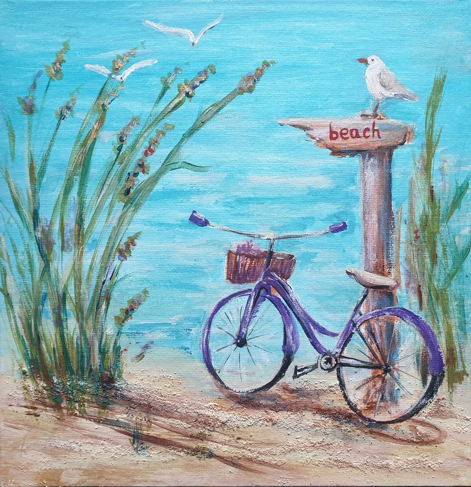 Obraz ręcznie malowany  25x25 cm "Rower" plaża lato