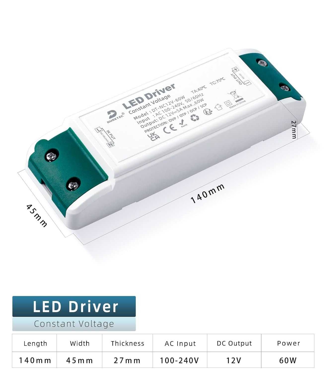 Sterownik LED 12V 60W, zasilacz sieciowy AC 240V do DC 12V 5A, DUSKTEC