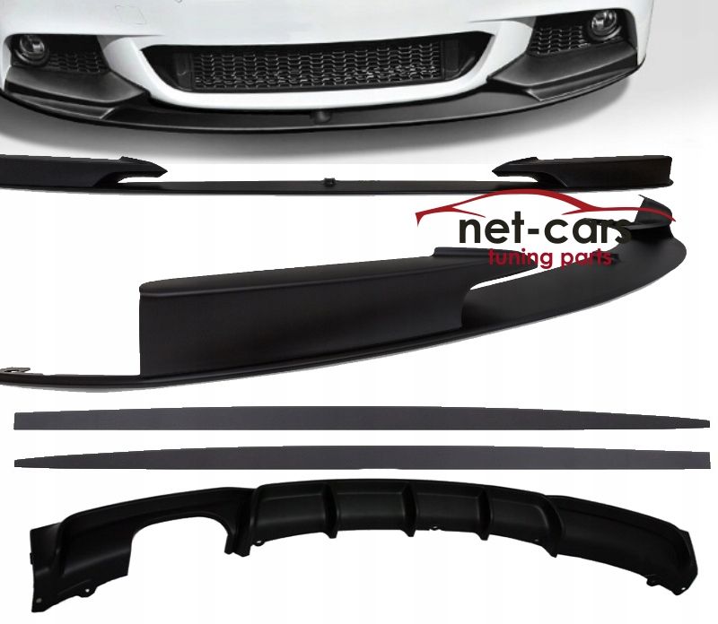 Zestaw BMW F30 F31 MPakiet spoiler przód i tył + progi czarny mat 00-