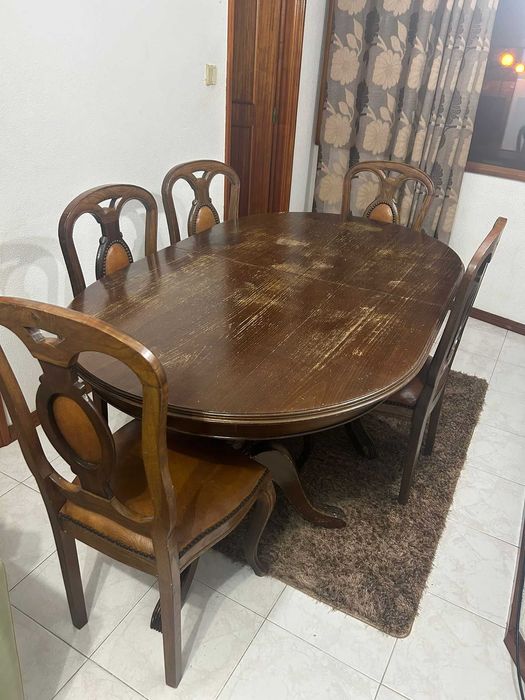 Sala de jantar vintage (móvel + mesa oval extensível + 6 cadeiras)