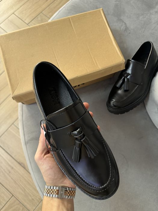 Oryginalne Skórzane Półbuty Damskie Zign Wsuwane Czarne na Platformie