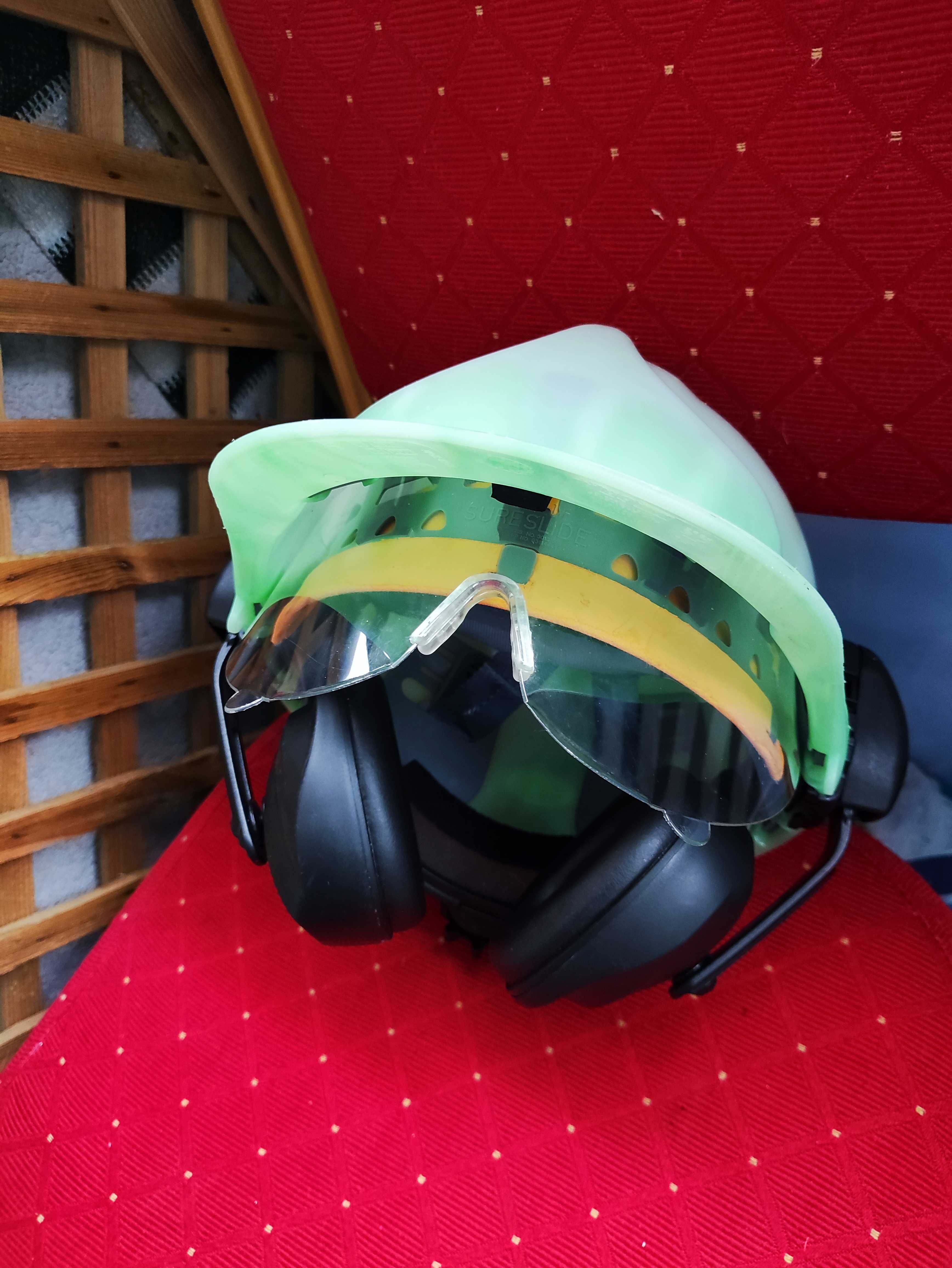 Kask Budowlany Ochronny Nauszniki Słuchawki Okulary ochronne pilarz