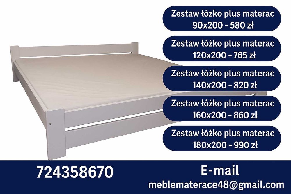 Łóżko + Materac Sprężynowy Zestaw 120x200 140x200 160x200 180x200