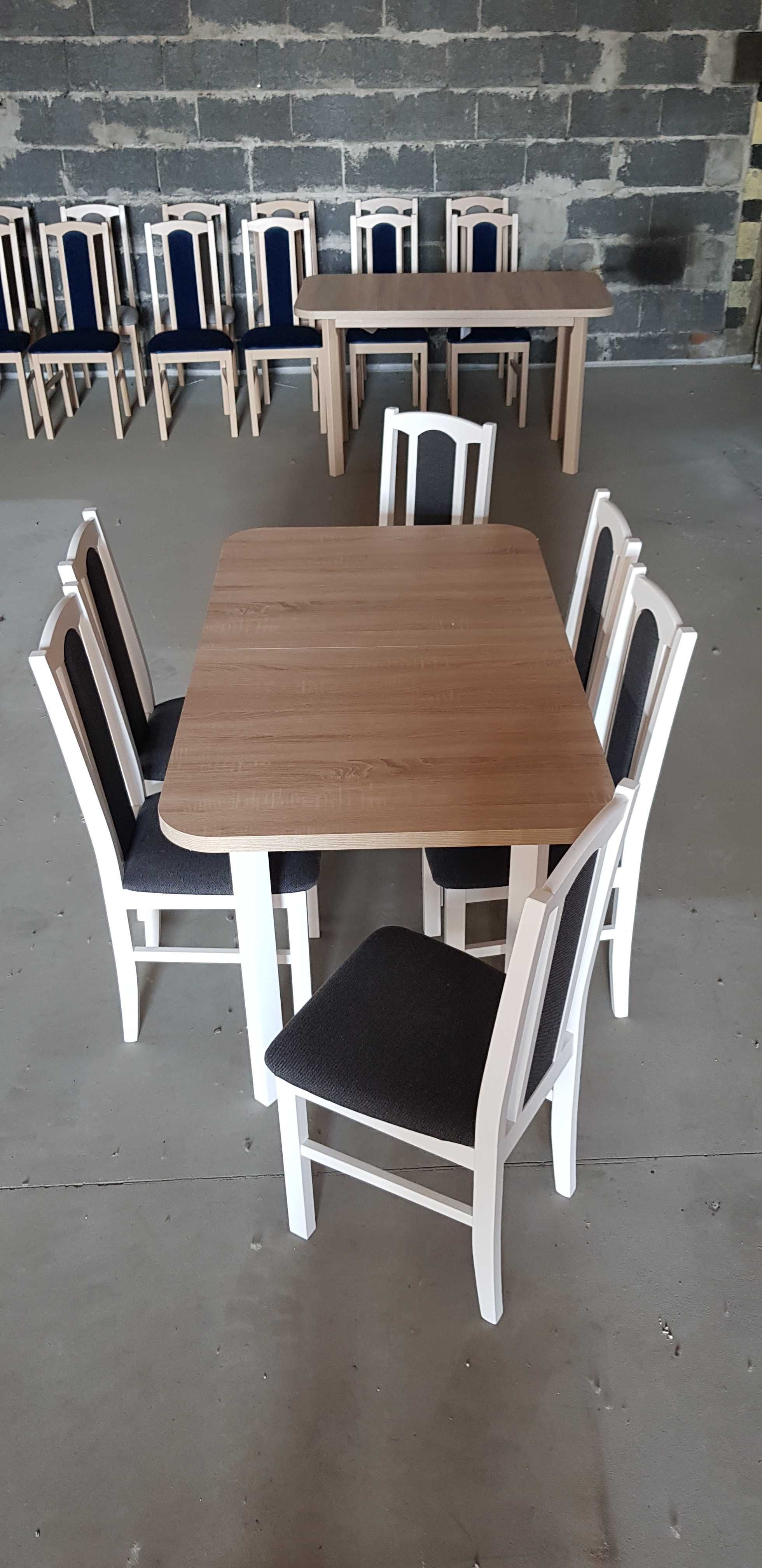 Nowe: Stół 80x140/180 + 6 krzeseł, BIAŁY/blat sonoma + grafit
