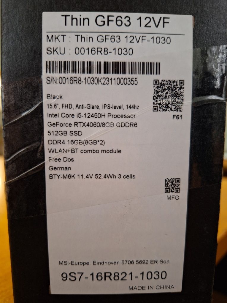 MSI Thin GF63 12VF i5-12450H GeForce RTX 4060 8Gb ( Новый )