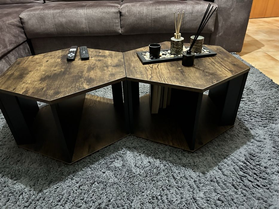 Mesa de Centro Hexagonal Dupla - Estilo Industrial/Rústico - NOVA!