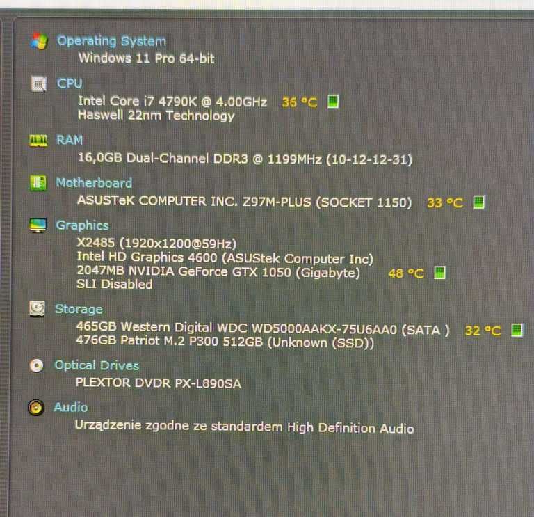 Komputer i7 4790K, 16GB DDR3 2400MHz, GTX1050, iiyama 24", WiFi, Win11