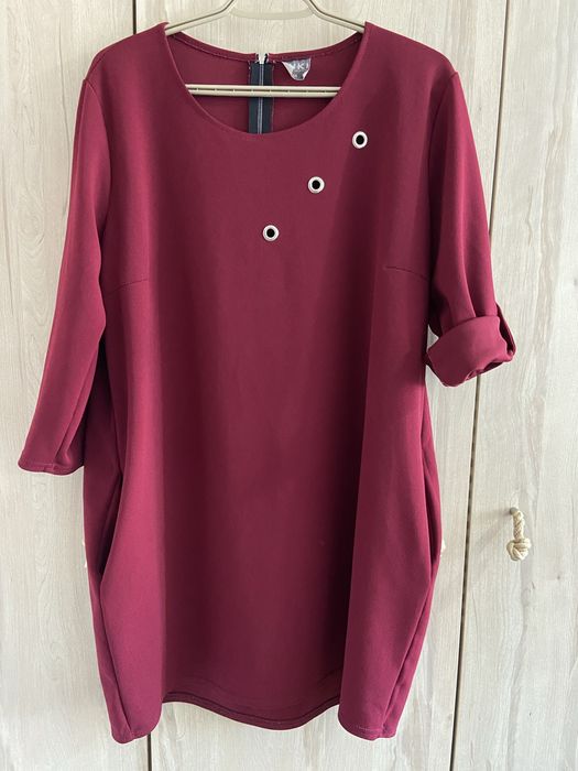 Miki rozm 48 4XL bordowa sukienka bawełna krótki rękaw kieszenie