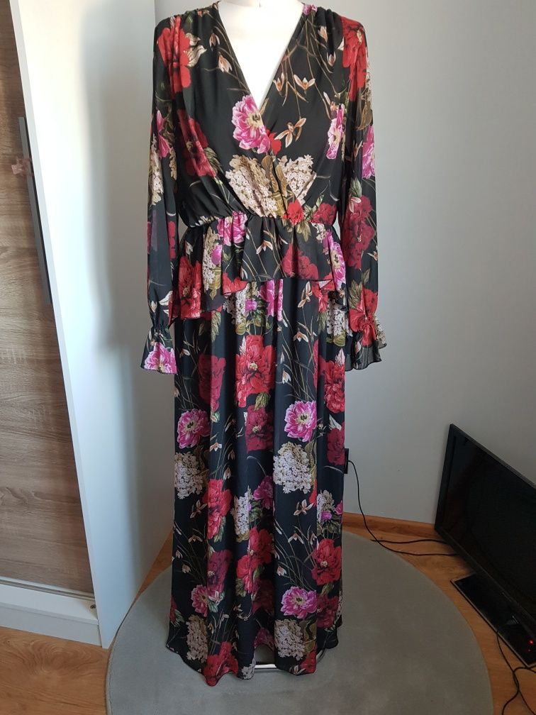 Sukienka suknia maxi w kwiaty rozkloszowana szyfonowa zwiewna