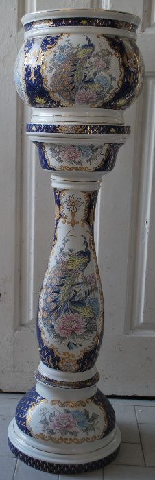 Coluna Porcelana com Vaso Policromada Azuis Dourados da FPL Alcobaça
