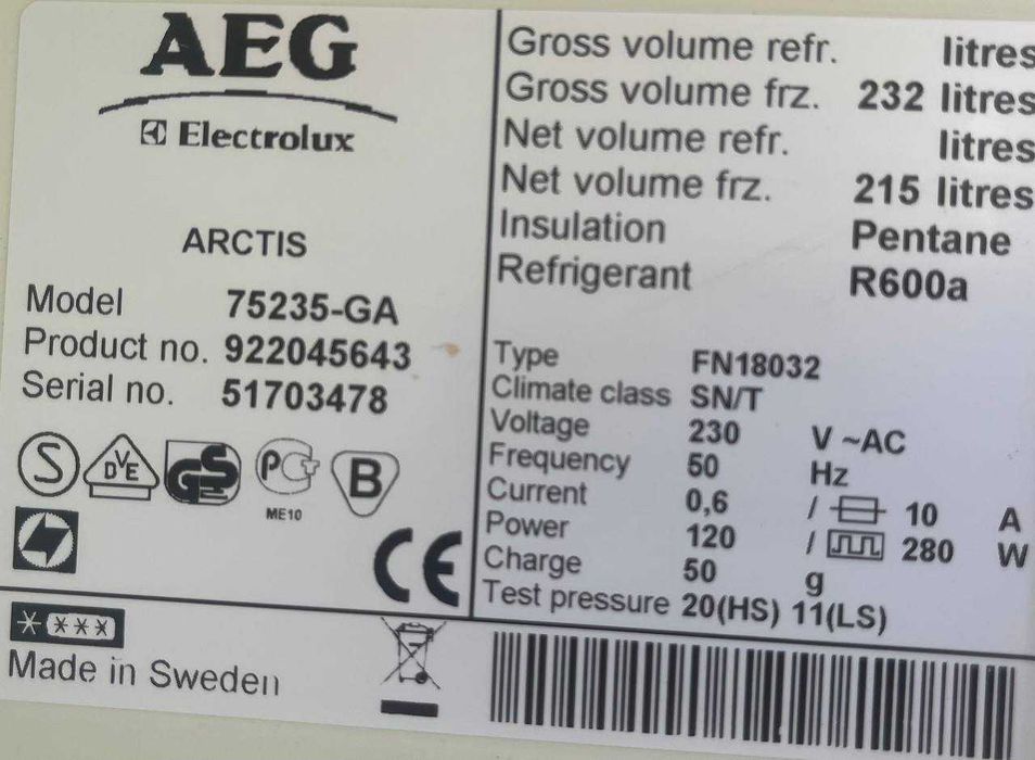 Морозильна камера AEG Electrolux б/в 180cм металік суха замороз #07406