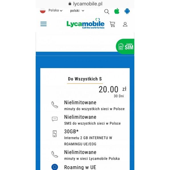 LycaMobile PL Starter SIM Card PrePaid 30 GB Pakiet S