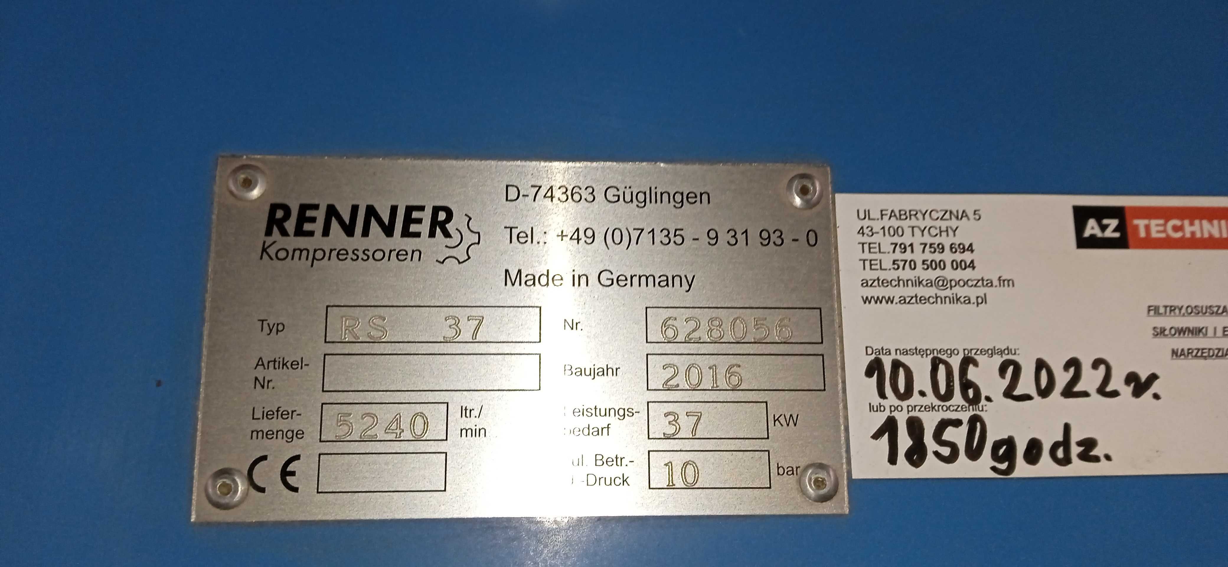 Sprężarka śrubowa RENNER RS 37 - Silnik 37 kW - 959 h