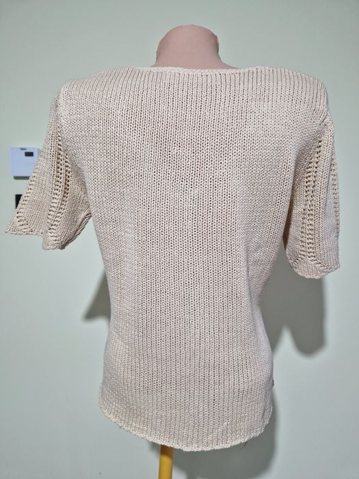 Bluzka z dzianiny bawełnianej z frędzlami beżowa