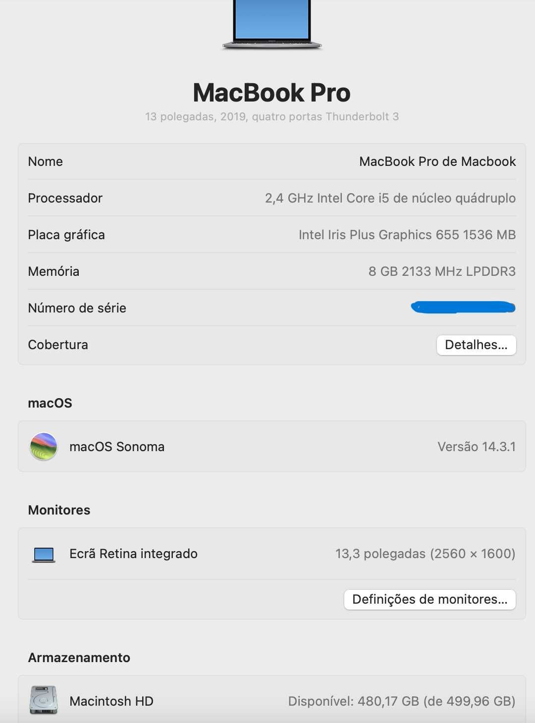 Macbook Pro 13'' 2019 versão Touch Bar + Touch ID Teclado PT