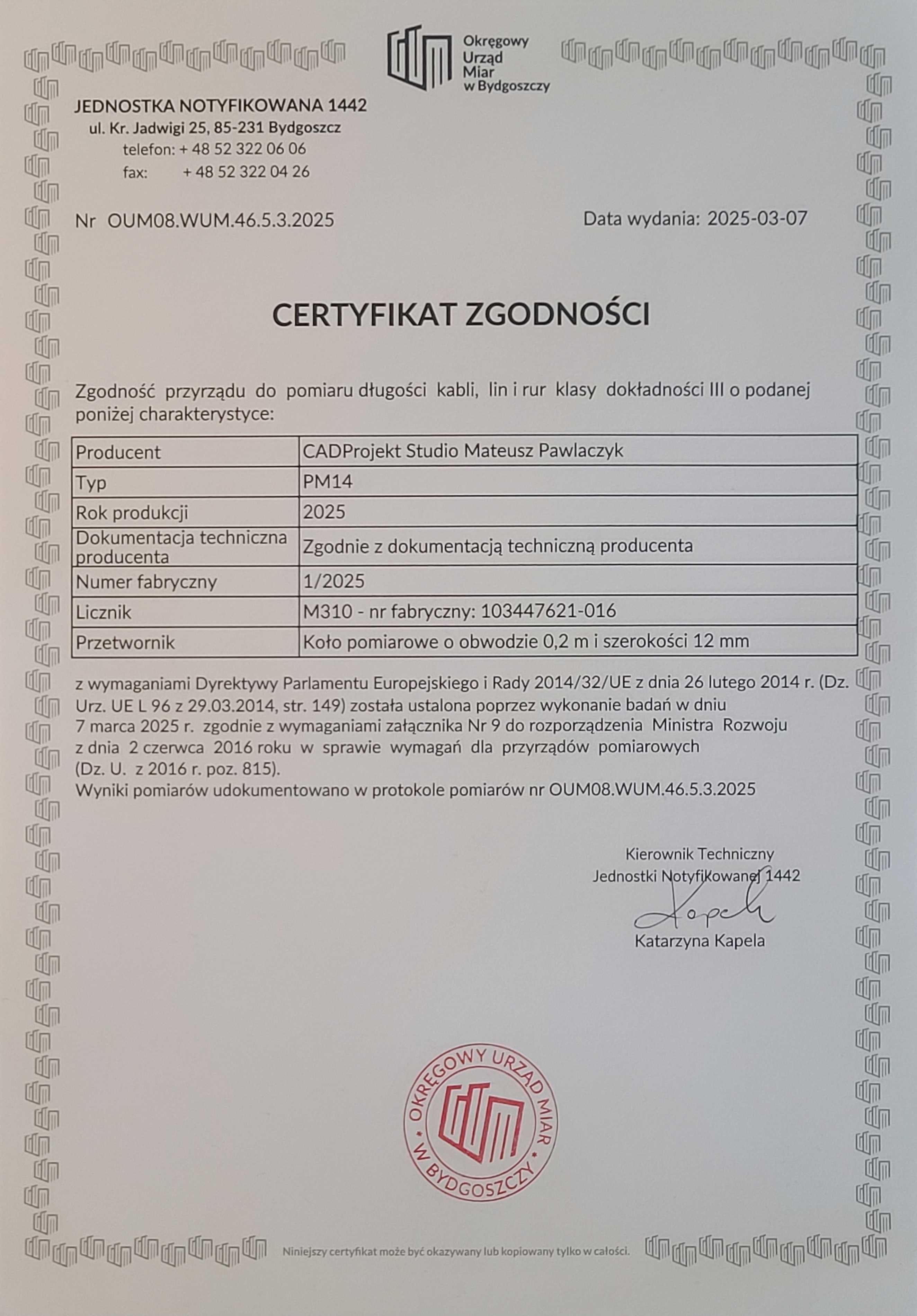 Miernik, Licznik długości kabli lin przewodów PM14 Certyfikat Urzędu