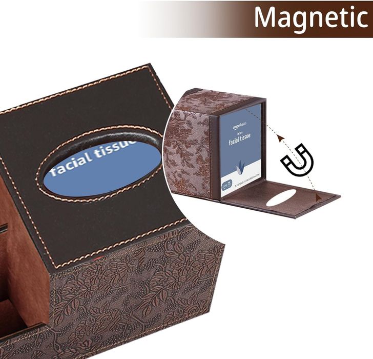 Organizer Biurko 2 Przegródki Pudełko Chusteczki Skóra PU Brązowy