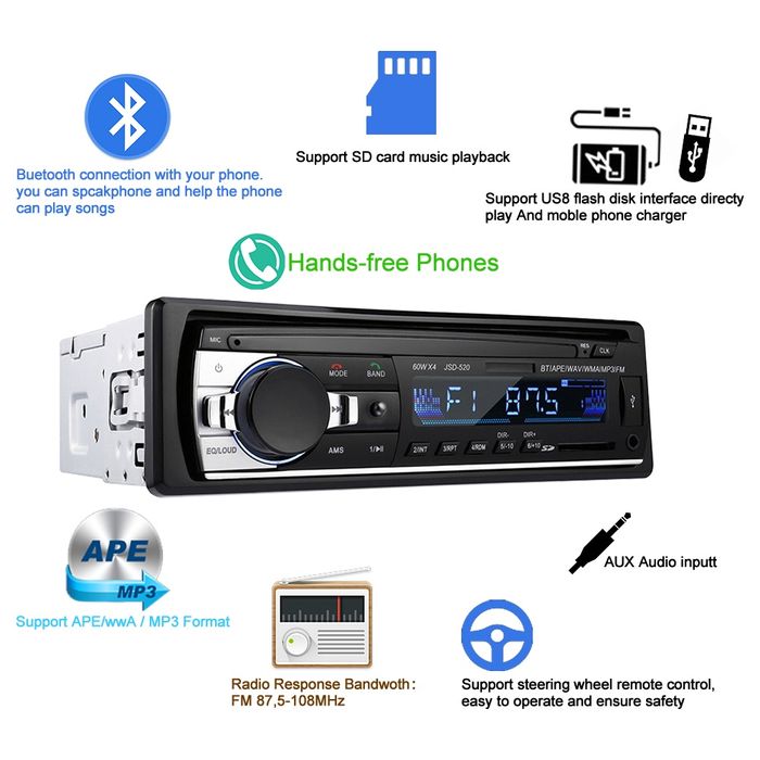 Автомагнітола 1DIN USB/SD/BT/AUX/Mp3/FM Нова