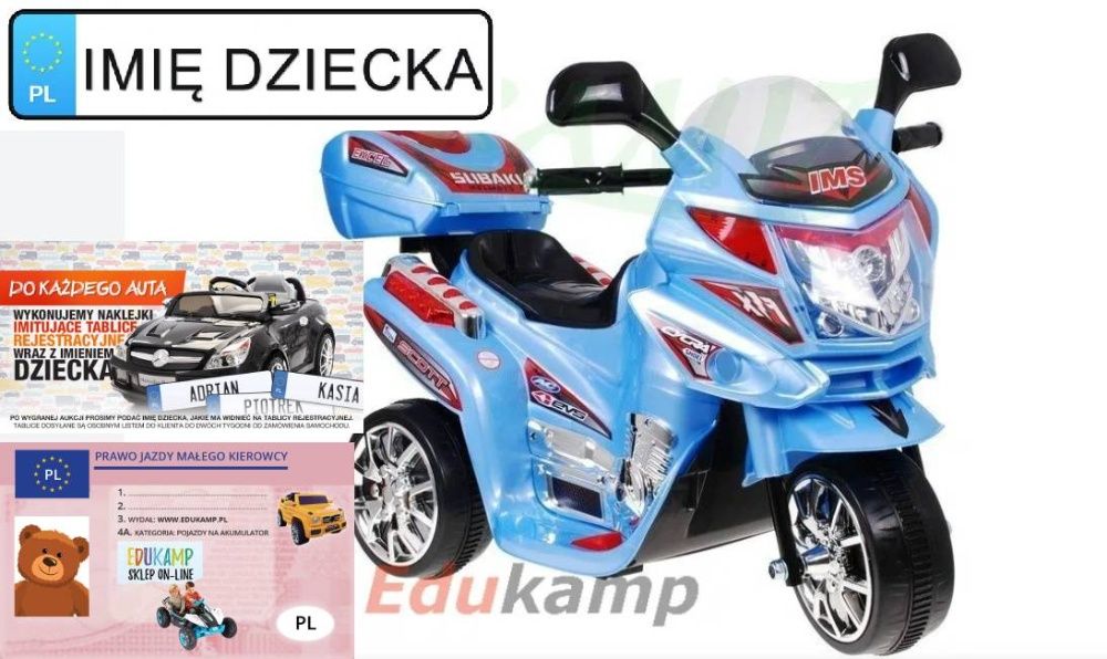 MOTOR TRÓJKOŁOWY na akumulator skuter F938 + klakson, BAGAŻNIK KUFEREK