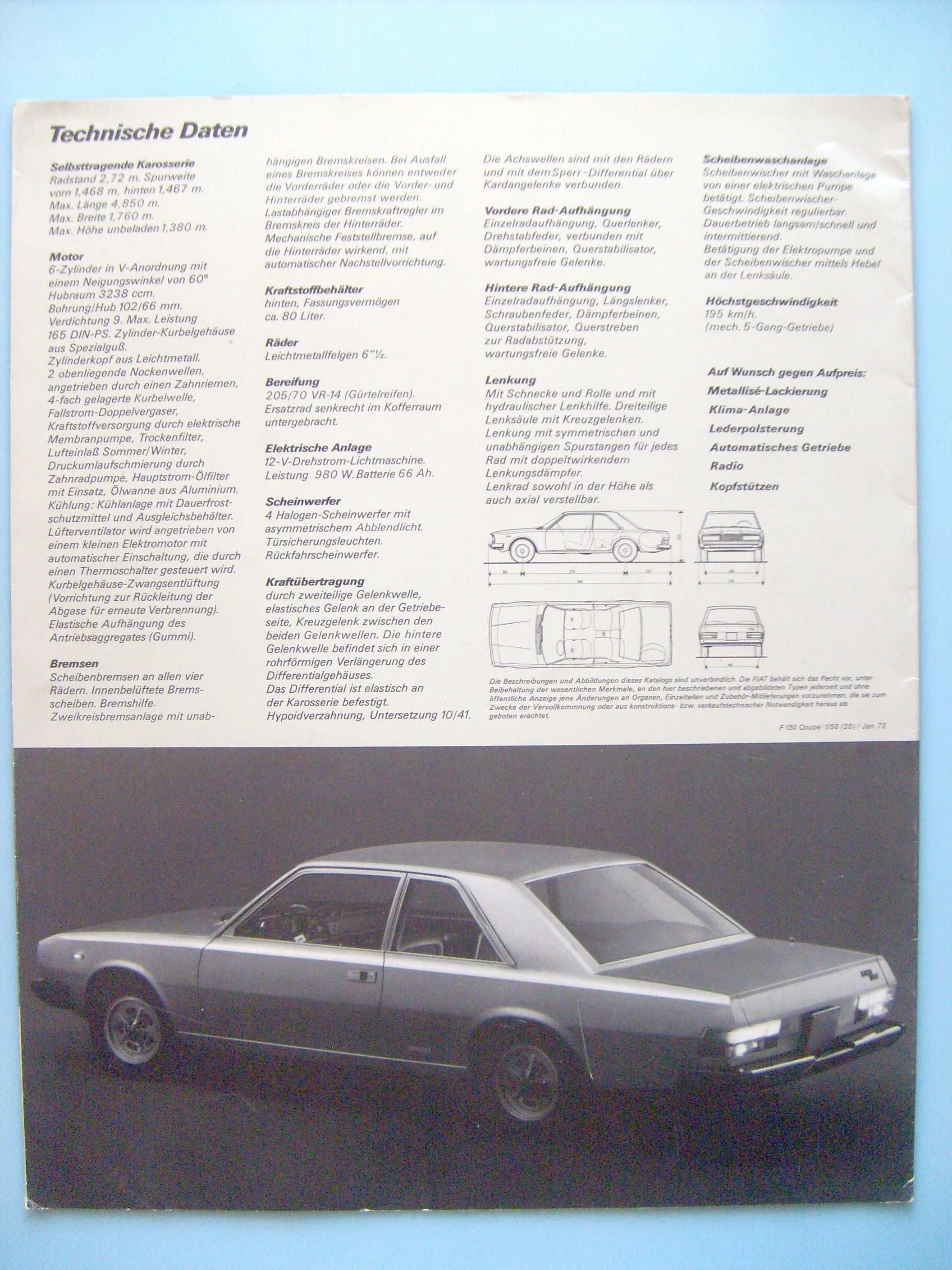 FIAT 130 COUPE 3200 - prospekt 1972 - duży format * RABATY 10% !