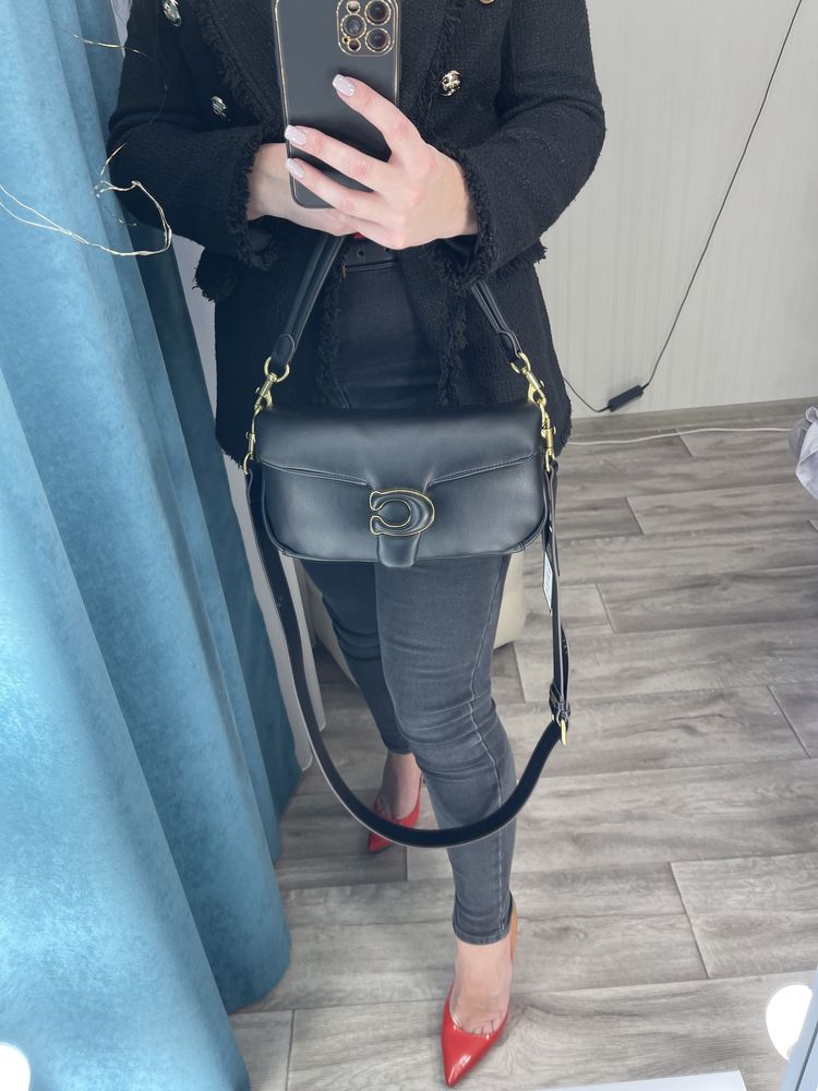 Женская сумочка в стиле Coach кожа черная,беж Жіноча сумочка шкіра