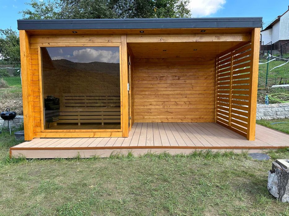 Sauna ogrodowa z miejscem na balie, sauna zewnętrzna