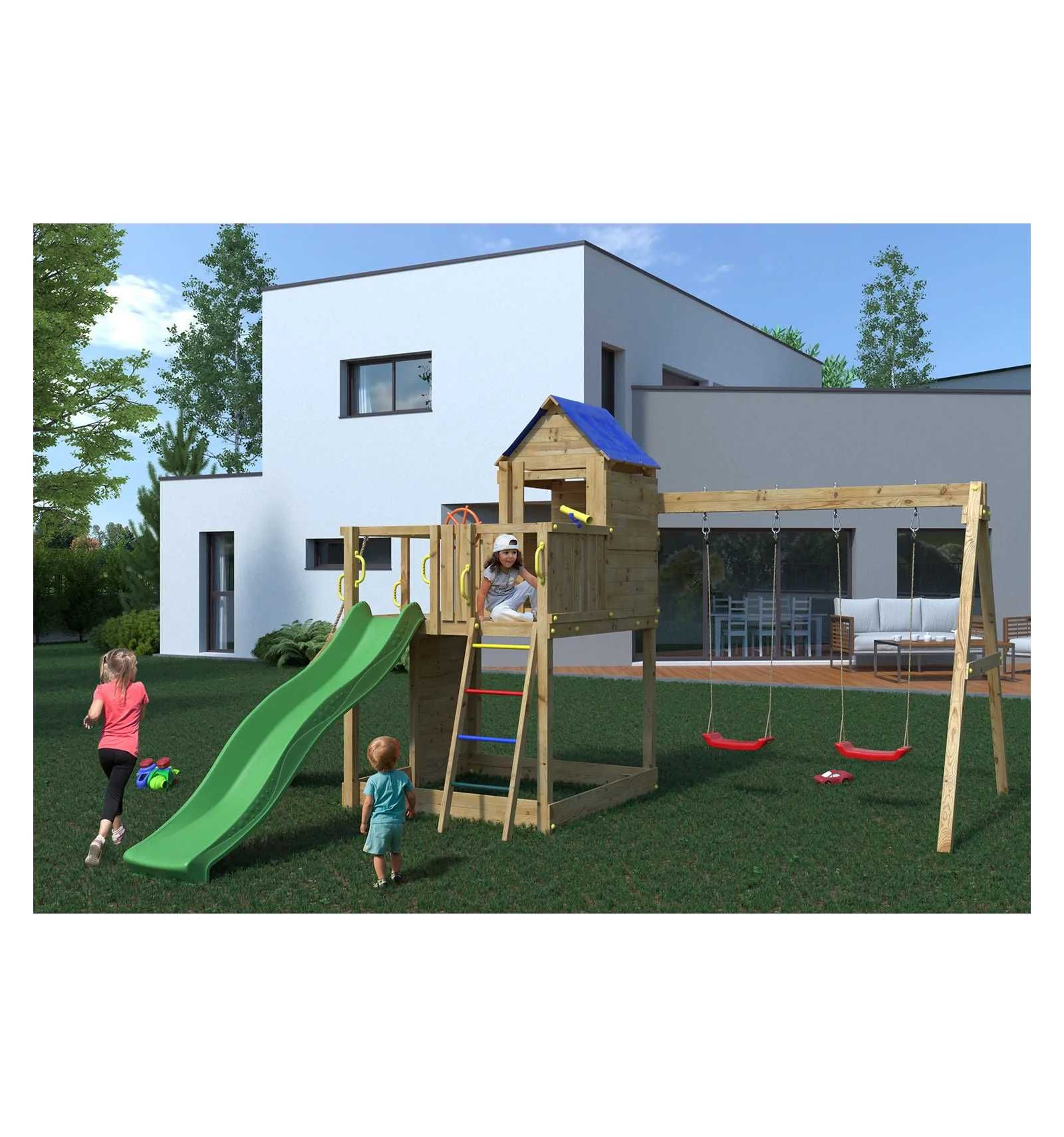 DREWNIANY plac zabaw + ZJEŻDZALNIA + huśtawki + ścianka i DOMEK