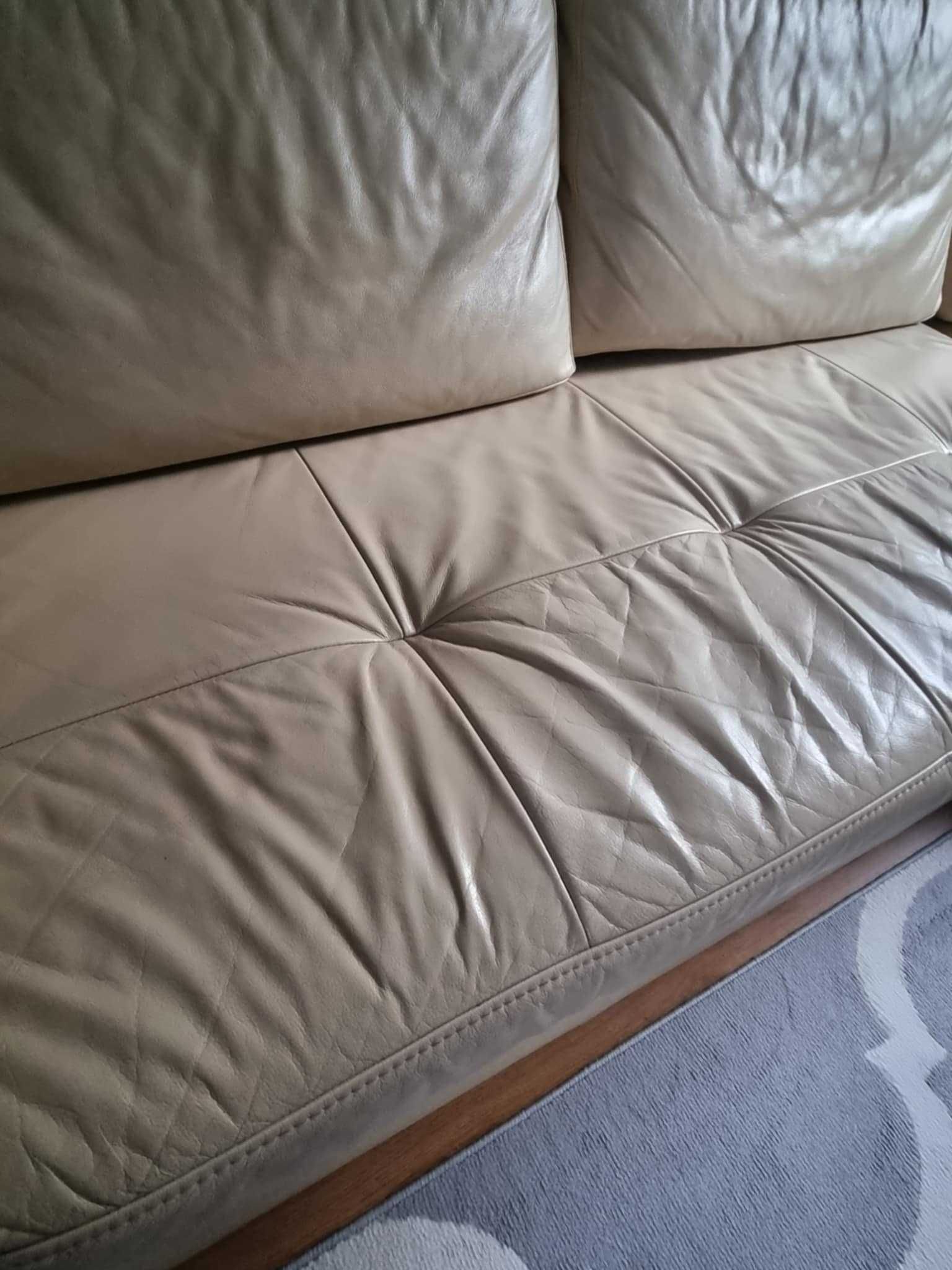 Sprzedam używaną kanapę narożną, ze skóry, kolor ecru
