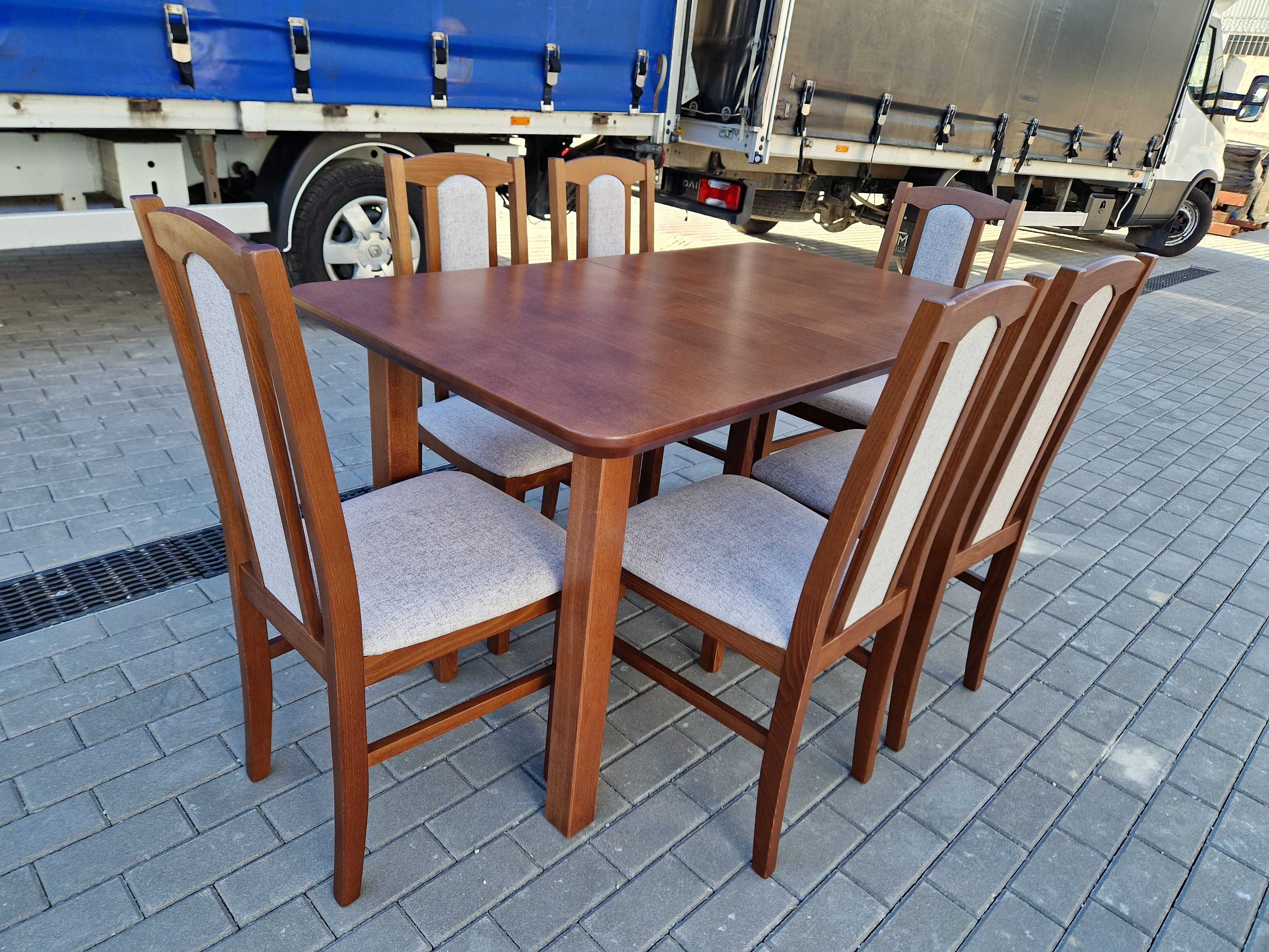 Nowe: STÓŁ 80x140/180 + 6 KRZESEŁ , kasztan + kawa z  mlekiem FORNIR