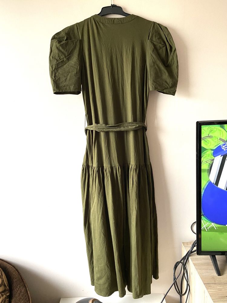 Zara bawelniana khaki sukienka wiązana dluga midi