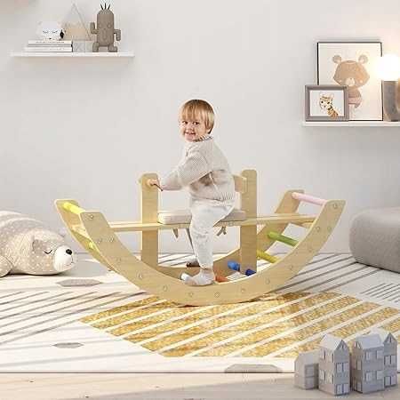 Kolorowy drewniany koń na biegunach łuk drabinka 3 w 1 dla dzieci