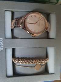 Nowy zestaw Fossil Suitor set zegarek + dwie bransoletki różowe złoto