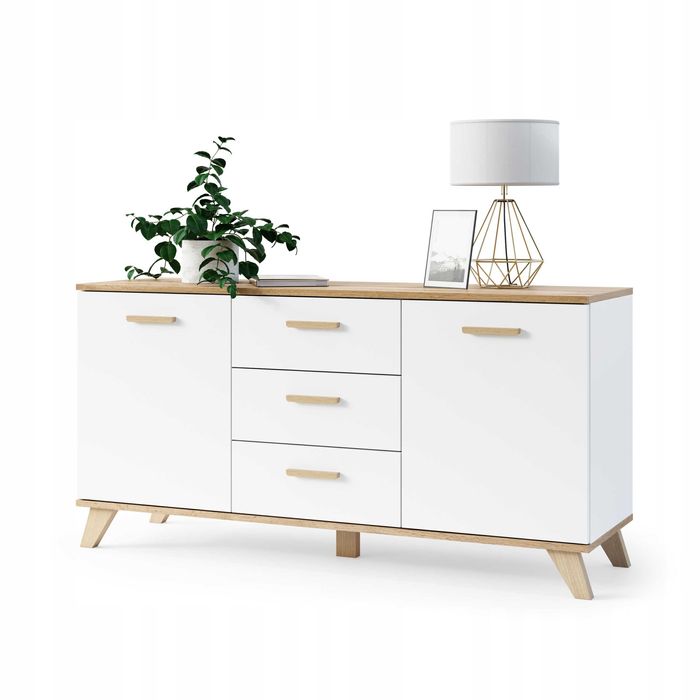 NOWA Biała Komoda RTV Pojemna Dębowa Szafka z Szufladami Do Salonu