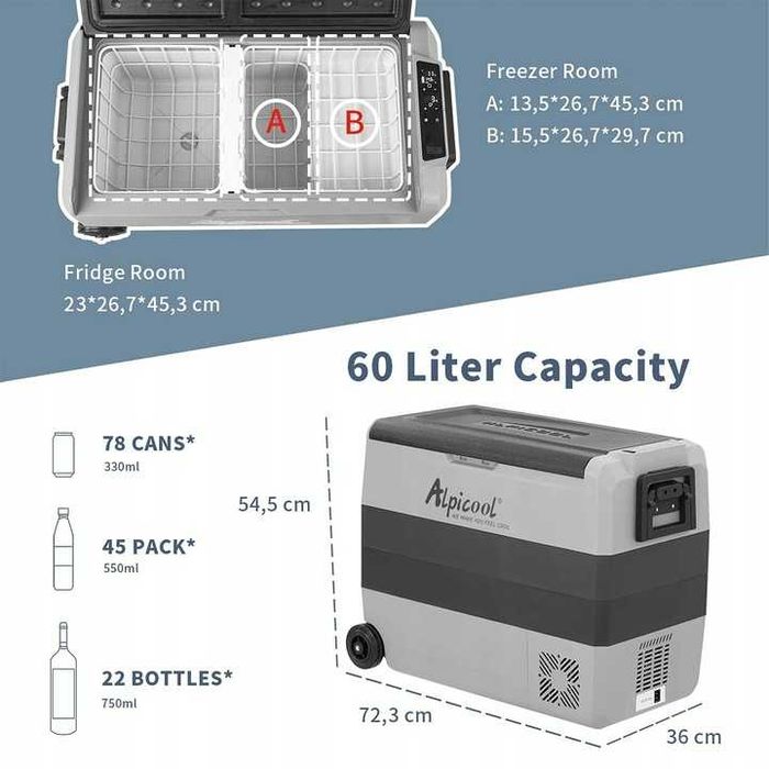 T60 Lodówka samochodowa Alpicool 60L kompresor zamrażarka 12/24V 230V