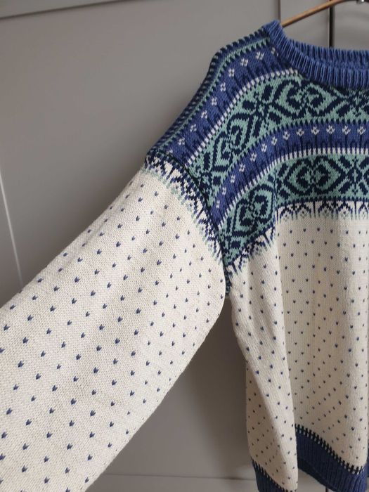 Biały sweter handmade norweski wzór 40 42 oversize